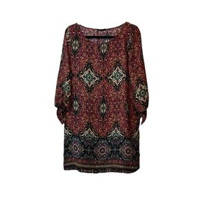 ✨BeBop Dress Tunic Mini Retro 70s Boho Hippie XL‎ Multicolor 3/4 Sleeve Tie